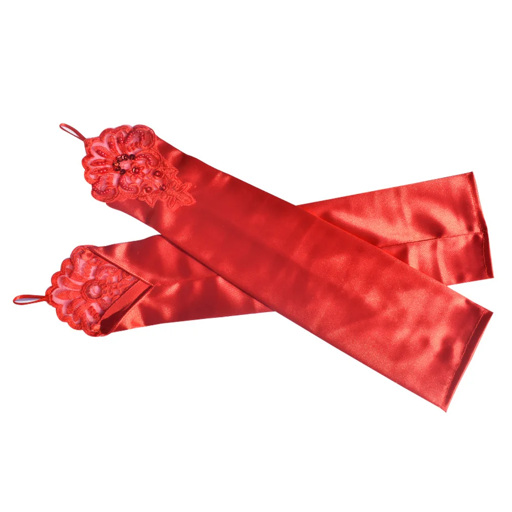 48cm Long Satin Sexy Lace Embroidery Hook Finger Gloves Retro Party Women Etiquette Drive Cosplay Dinner Dance Mittens
