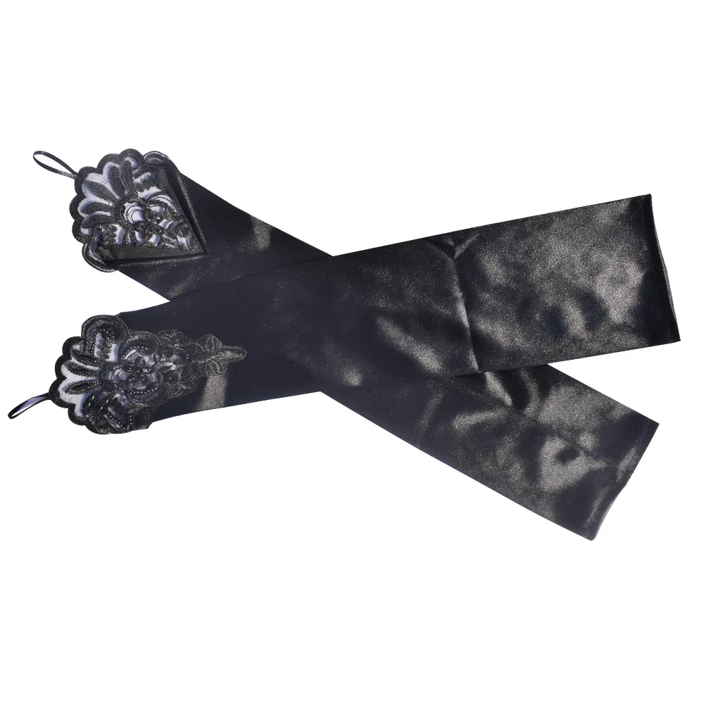48cm Long Satin Sexy Lace Embroidery Hook Finger Gloves Retro Party Women Etiquette Drive Cosplay Dinner Dance Mittens