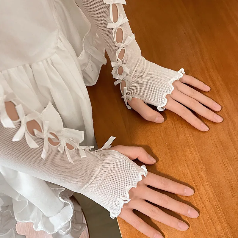 Women Cosplay Lolita Princess Style Lace Flower Thin Fingerless Long Gloves Cute Lovely Sweety Bow Elasticity Soft Hollow