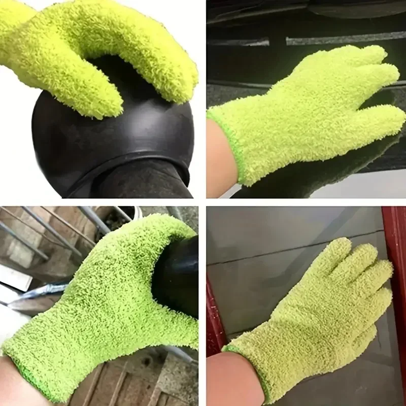 1Pair Cleaning Gloves Microfiber Coral Fleece Car Grooming Gloves Solid Five Finger Dust Removal Housework Absorbent Gloves