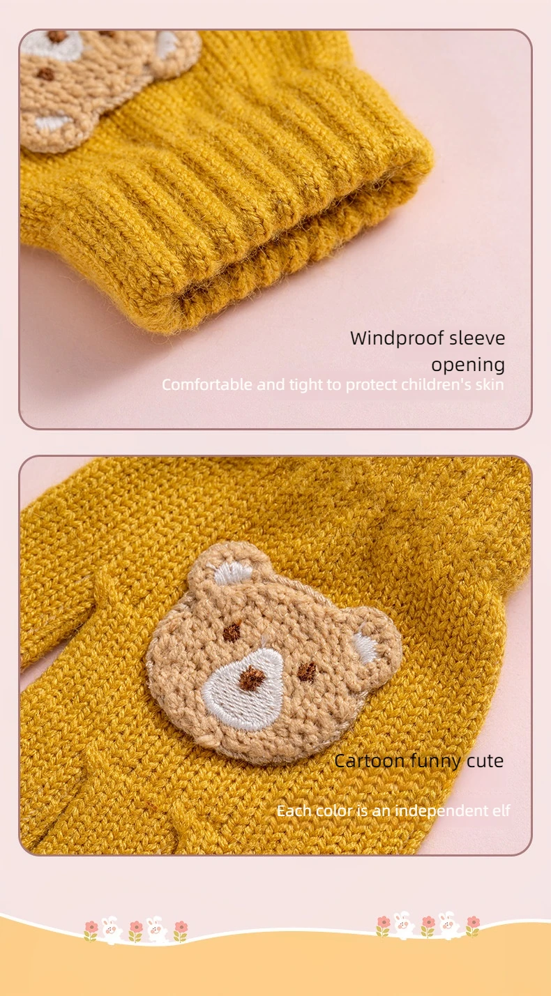 2-6 year old cartoon bear baby gloves with crochet hooks, thick winter warmth knitted gloves, boys, girls, and children's thick