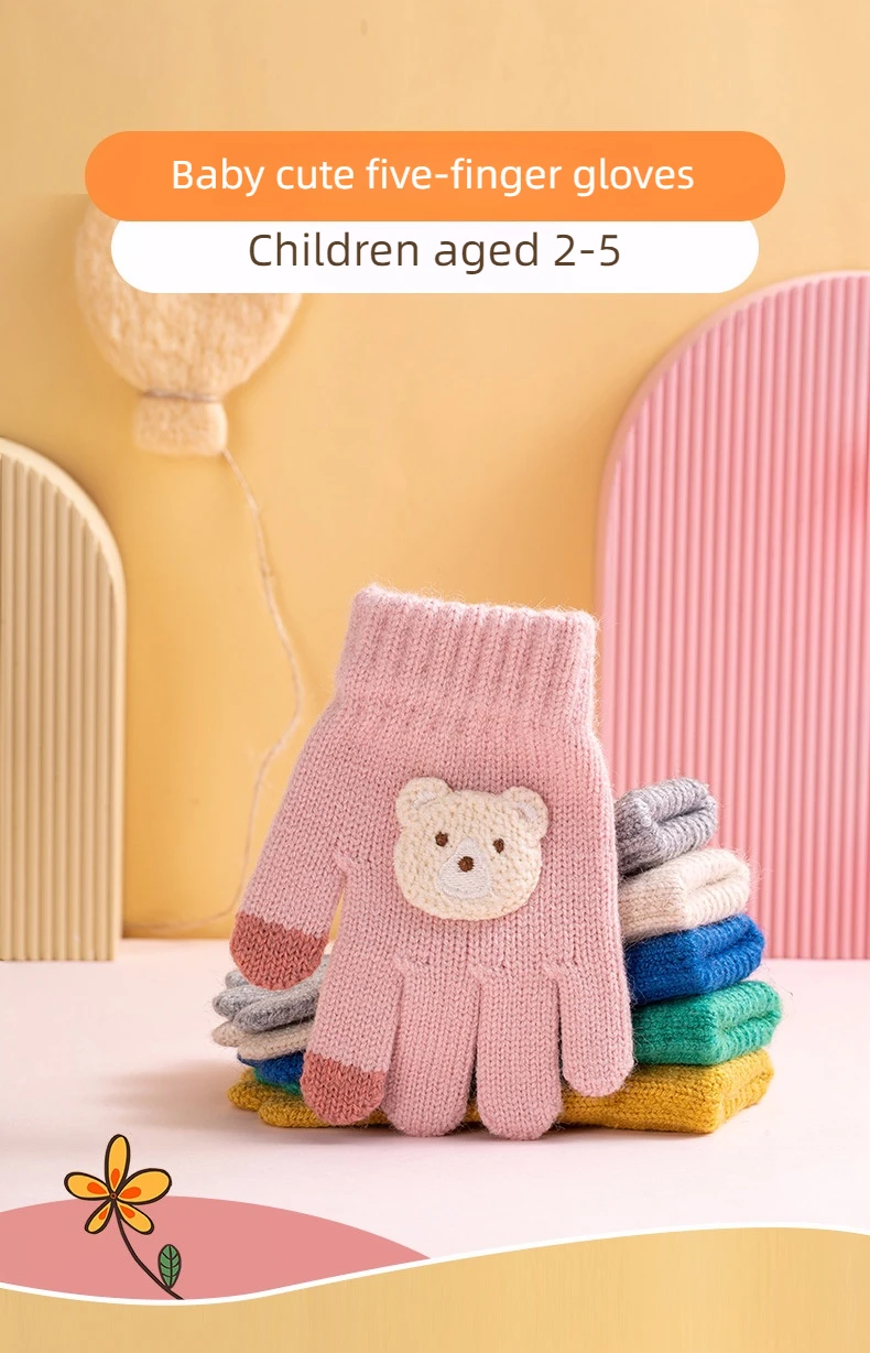 2-6 year old cartoon bear baby gloves with crochet hooks, thick winter warmth knitted gloves, boys, girls, and children's thick