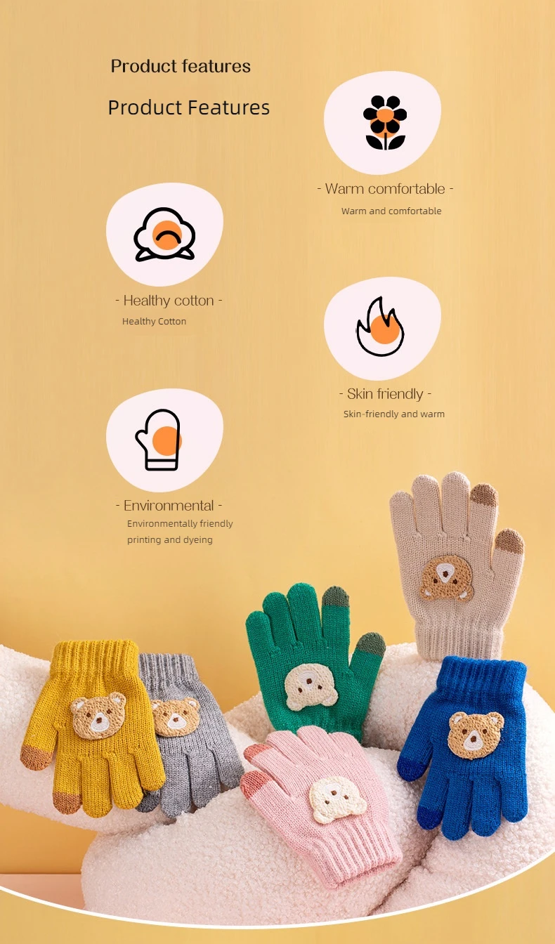 2-6 year old cartoon bear baby gloves with crochet hooks, thick winter warmth knitted gloves, boys, girls, and children's thick