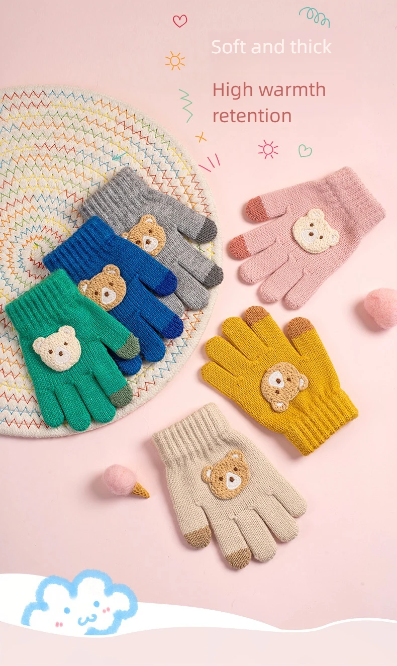 2-6 year old cartoon bear baby gloves with crochet hooks, thick winter warmth knitted gloves, boys, girls, and children's thick