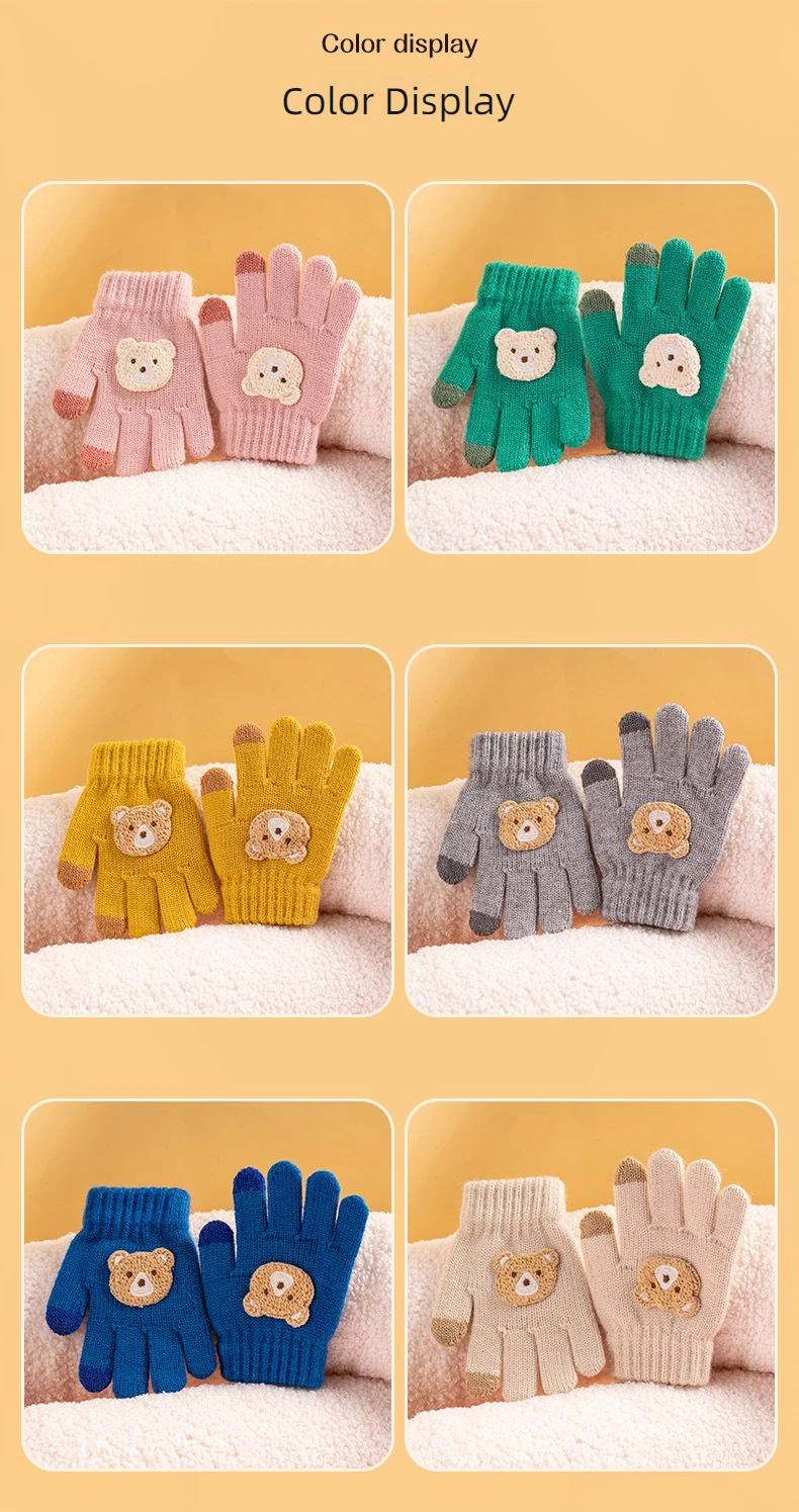 2-6 year old cartoon bear baby gloves with crochet hooks, thick winter warmth knitted gloves, boys, girls, and children's thick