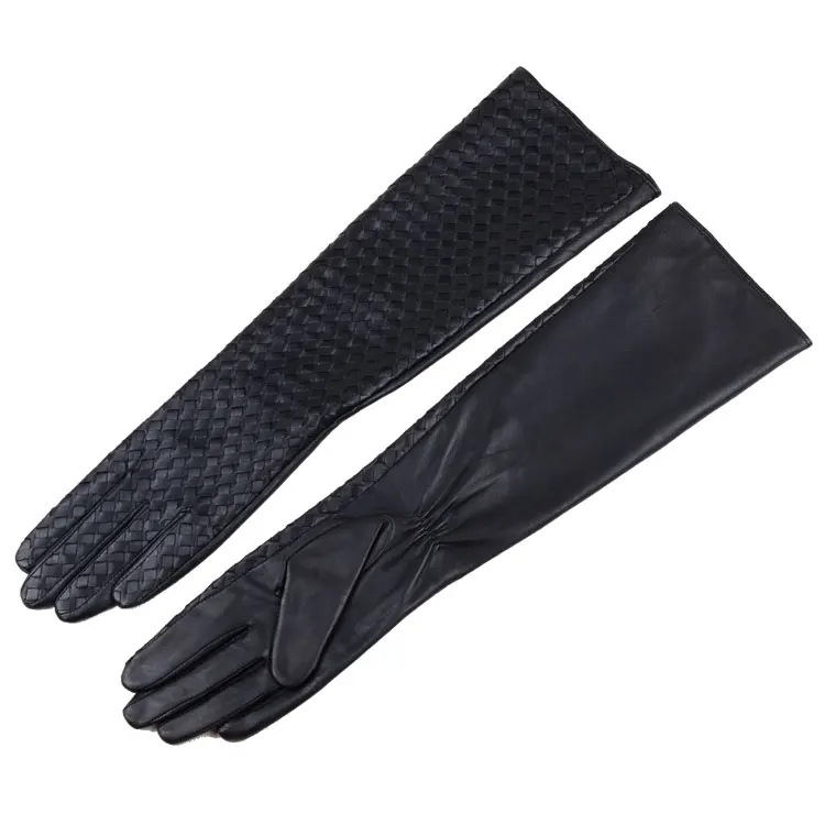Women 2025 Winter Genuine Leather 40cm Long Thin Gloves Female Goatskin Plaid Knitted Evening Show Luva Mujer Opera Guantes