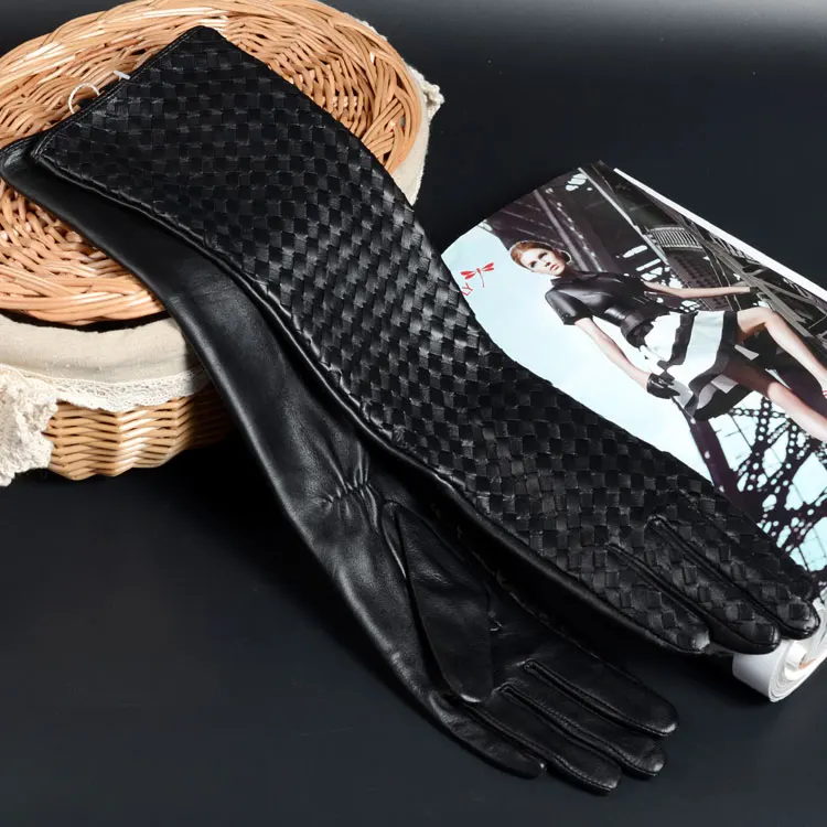 Women 2025 Winter Genuine Leather 40cm Long Thin Gloves Female Goatskin Plaid Knitted Evening Show Luva Mujer Opera Guantes