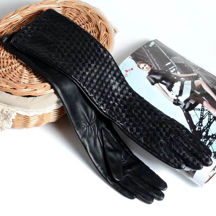 Women 2025 Winter Genuine Leather 40cm Long Thin Gloves Female Goatskin Plaid Knitted Evening Show Luva Mujer Opera Guantes