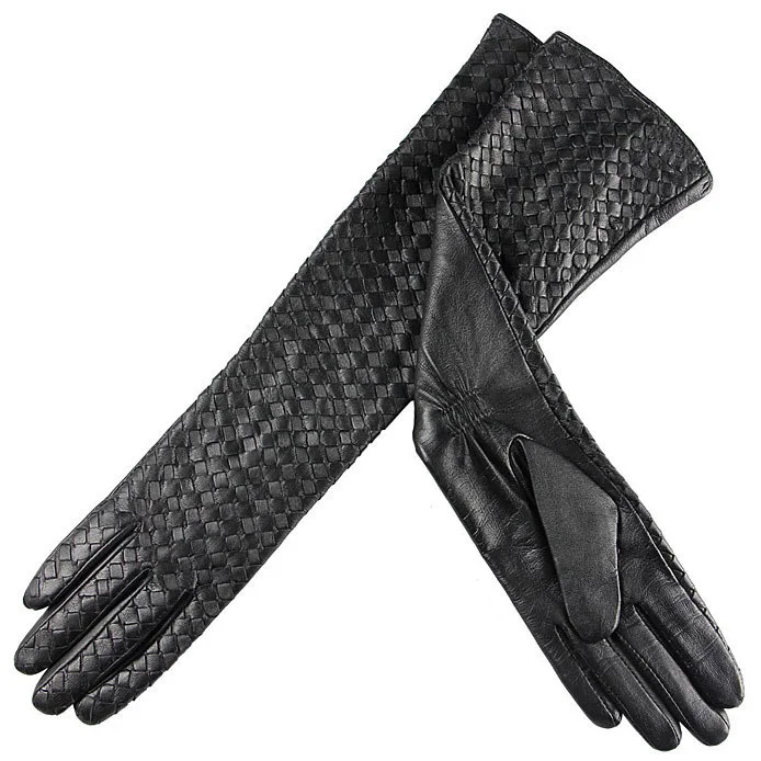 Women 2025 Winter Genuine Leather 40cm Long Thin Gloves Female Goatskin Plaid Knitted Evening Show Luva Mujer Opera Guantes