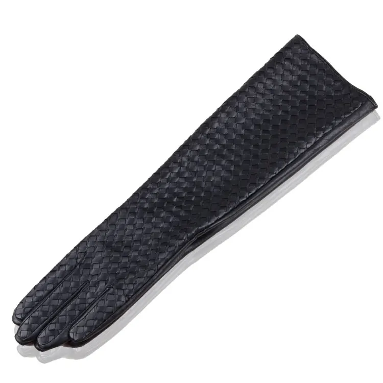 Women 2025 Winter Genuine Leather 40cm Long Thin Gloves Female Goatskin Plaid Knitted Evening Show Luva Mujer Opera Guantes