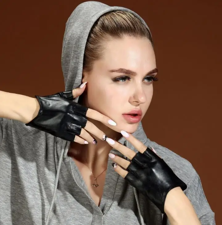 Women's Natural Sheep Skin Leather Fingerless Glove Lady's Natural Leather Driving Glove R451