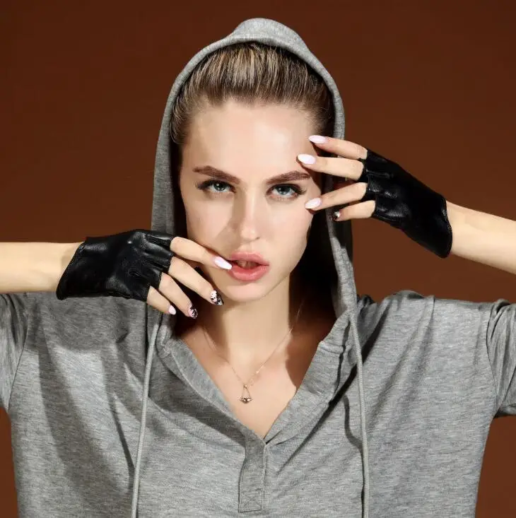 Women's Natural Sheep Skin Leather Fingerless Glove Lady's Natural Leather Driving Glove R451