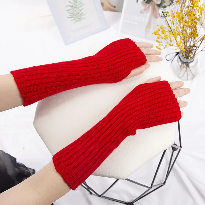 Women Fingerless Anime Gloves Arm Warmers Goth Knitted Kawaii Lolita Gloves Wrist Sleeves Harajuku Mittens Y2k White Accessories