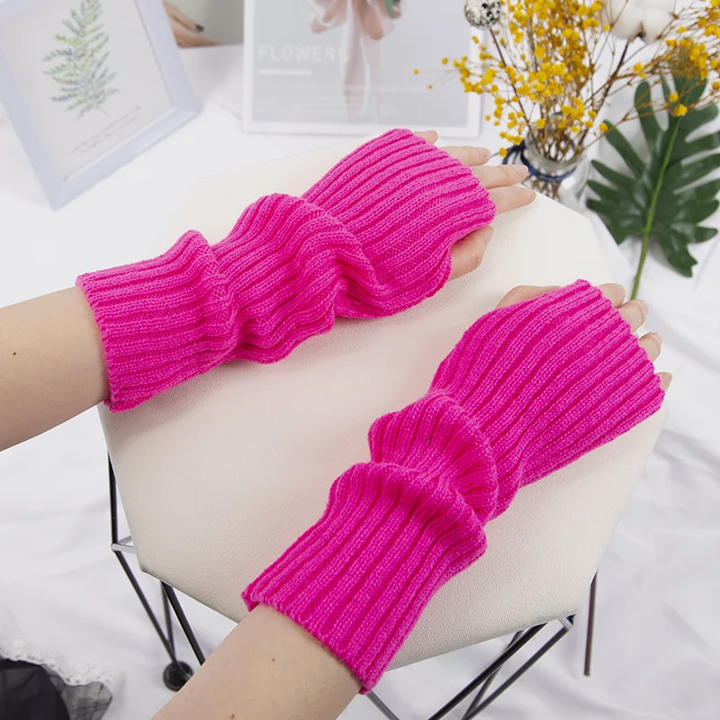 Women Fingerless Anime Gloves Arm Warmers Goth Knitted Kawaii Lolita Gloves Wrist Sleeves Harajuku Mittens Y2k White Accessories