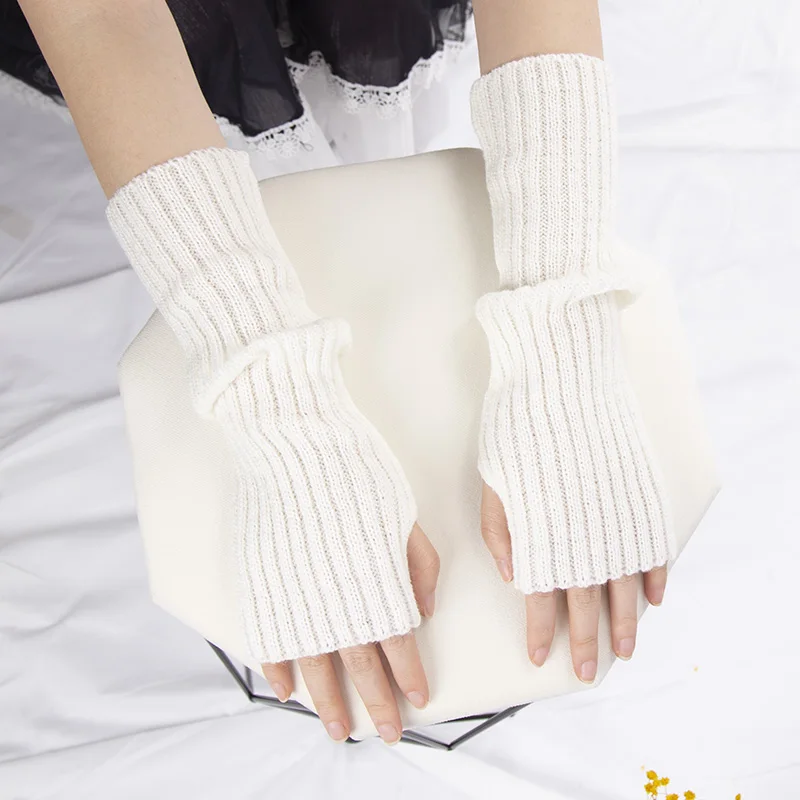 Women Fingerless Anime Gloves Arm Warmers Goth Knitted Kawaii Lolita Gloves Wrist Sleeves Harajuku Mittens Y2k White Accessories