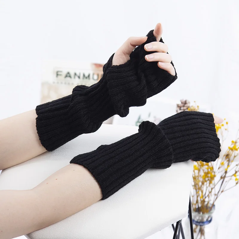 Women Fingerless Anime Gloves Arm Warmers Goth Knitted Kawaii Lolita Gloves Wrist Sleeves Harajuku Mittens Y2k White Accessories
