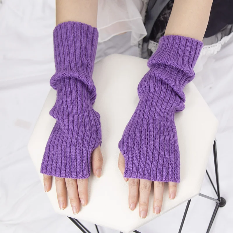 Women Fingerless Anime Gloves Arm Warmers Goth Knitted Kawaii Lolita Gloves Wrist Sleeves Harajuku Mittens Y2k White Accessories