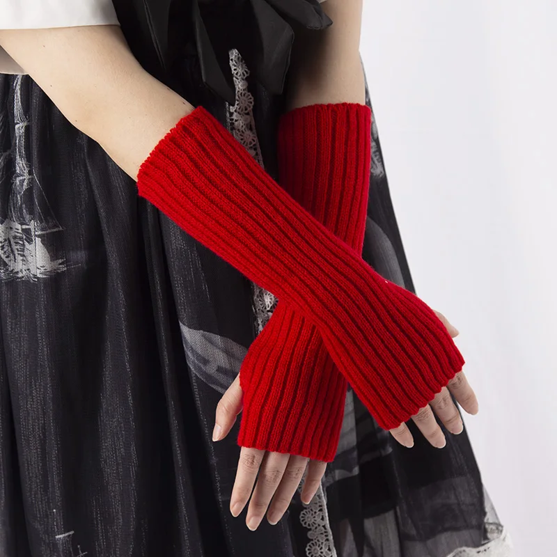 Women Fingerless Anime Gloves Arm Warmers Goth Knitted Kawaii Lolita Gloves Wrist Sleeves Harajuku Mittens Y2k White Accessories