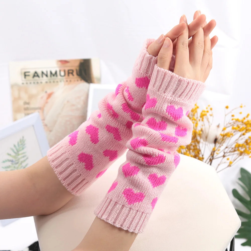 New Women Kawaii Lolita Arm Sleeve for Girl Arm Crochet Knitting Gothic Heart Warm Fingerless Warmer Autumn Winter Gloves