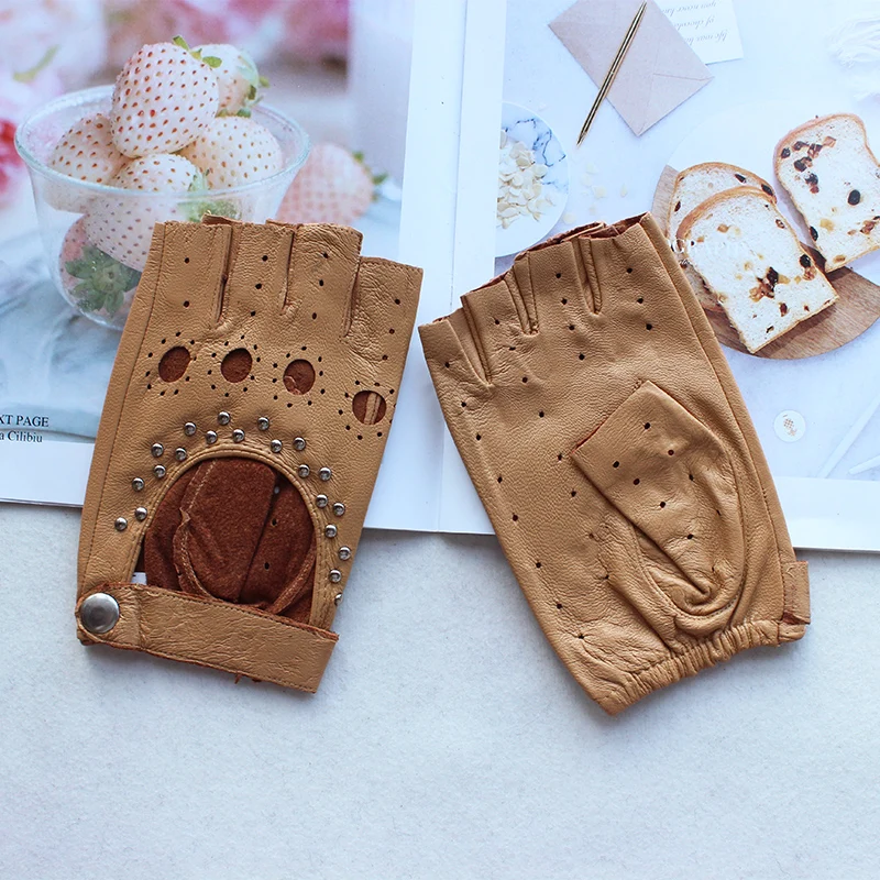 New Women Half Finger Leather Gloves Fashion Style Thin Colour Outdoor Sports Driving Riding Sheepskin Gloves