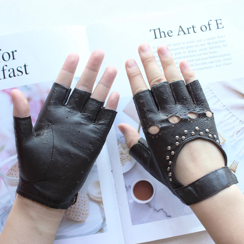 New Women Half Finger Leather Gloves Fashion Style Thin Colour Outdoor Sports Driving Riding Sheepskin Gloves