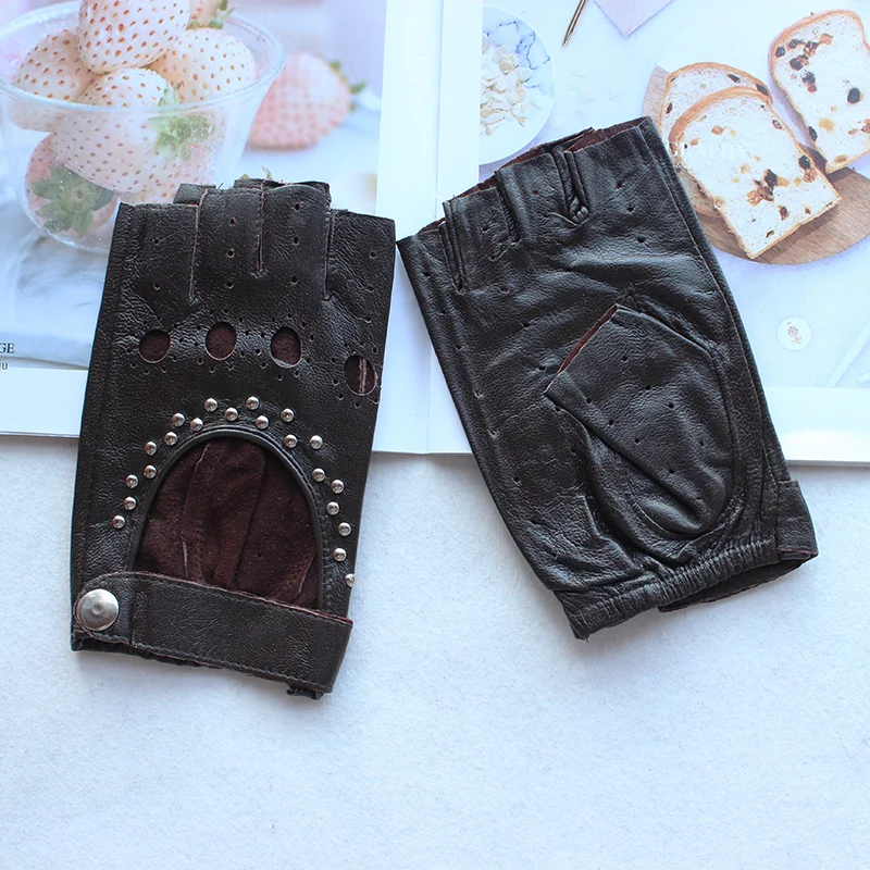 New Women Half Finger Leather Gloves Fashion Style Thin Colour Outdoor Sports Driving Riding Sheepskin Gloves
