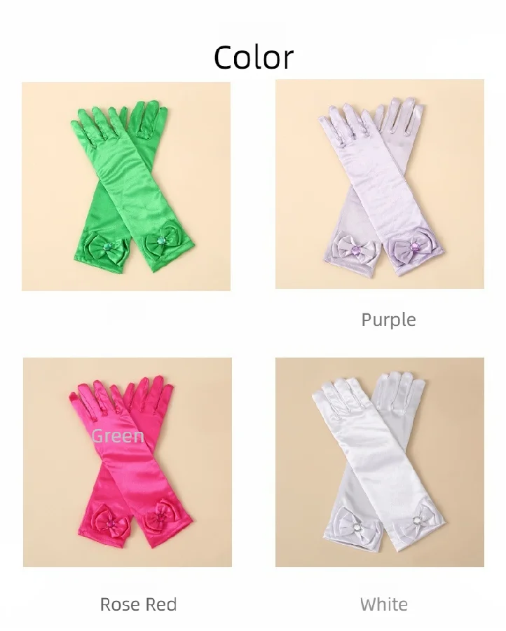 Children's satin princess gloves, girl's butterfly shiny face knot dance performance stage gloves, crystal all finger gloves
