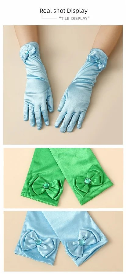 Children's satin princess gloves, girl's butterfly shiny face knot dance performance stage gloves, crystal all finger gloves