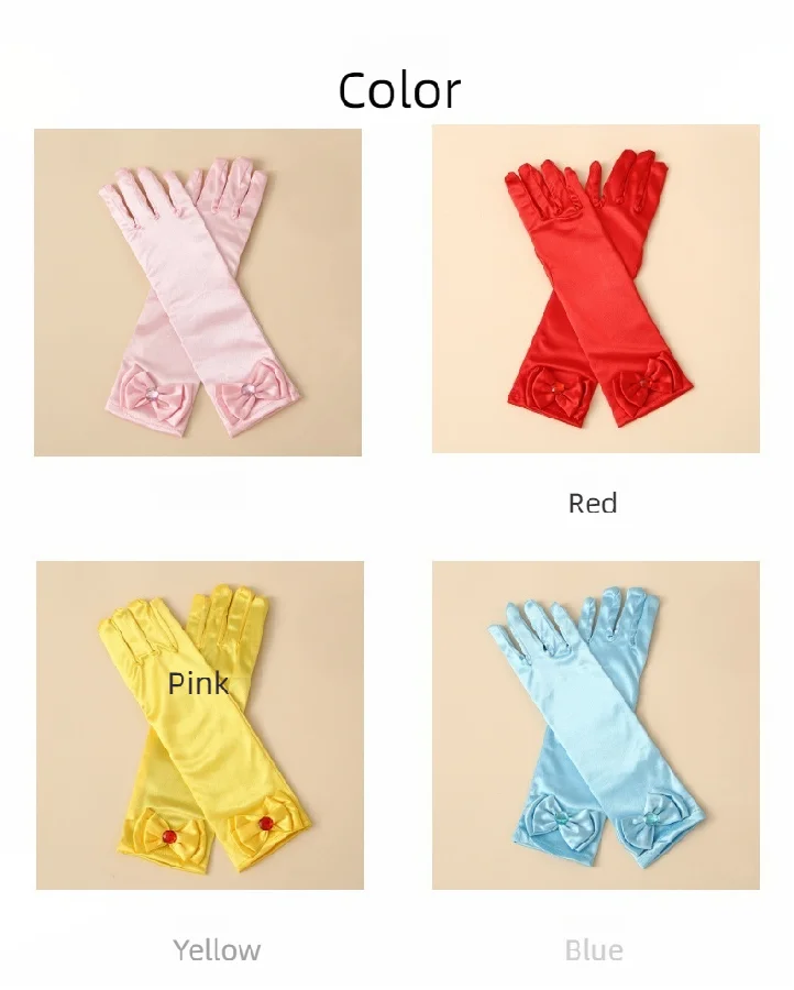 Children's satin princess gloves, girl's butterfly shiny face knot dance performance stage gloves, crystal all finger gloves