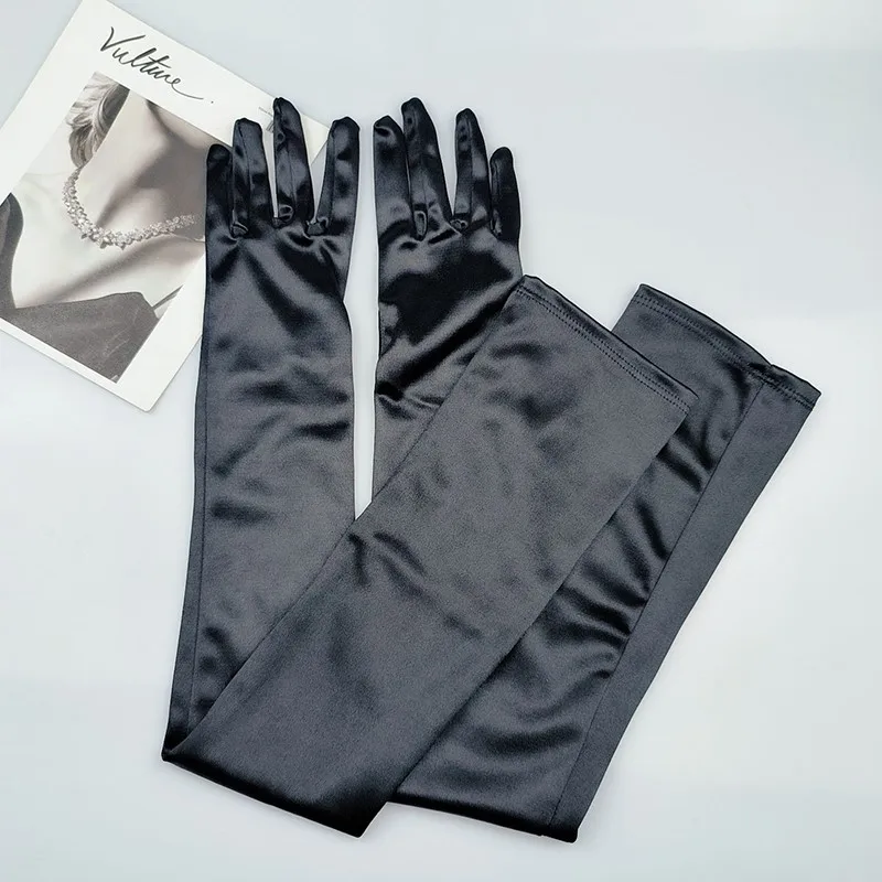 Sexy Prom Party Dress Satin Gloves Elastic Mercerized Pearl Satin Black White Extra Long Women Dinner Clothing Accessories