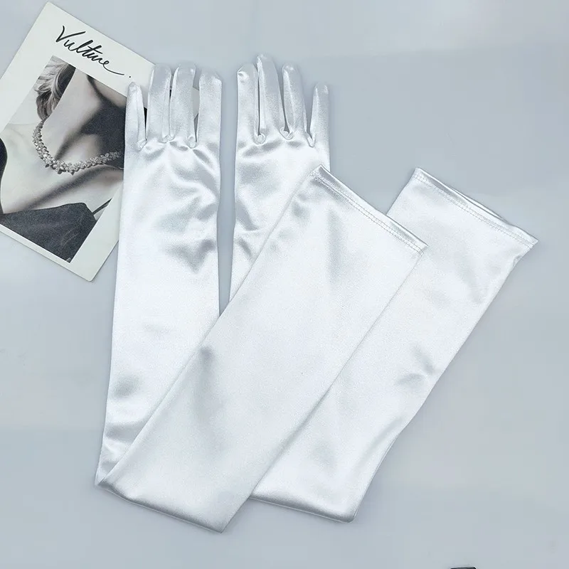 Sexy Prom Party Dress Satin Gloves Elastic Mercerized Pearl Satin Black White Extra Long Women Dinner Clothing Accessories