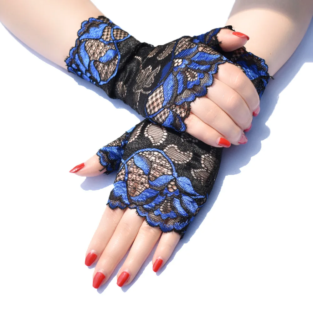 Fashionable Women's Sexy Fingerless Gloves Half Finger Sunscreen Short Lace up Gloves Rose Pattern Gloves