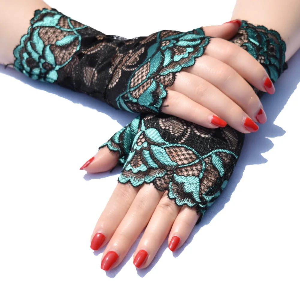 Fashionable Women's Sexy Fingerless Gloves Half Finger Sunscreen Short Lace up Gloves Rose Pattern Gloves