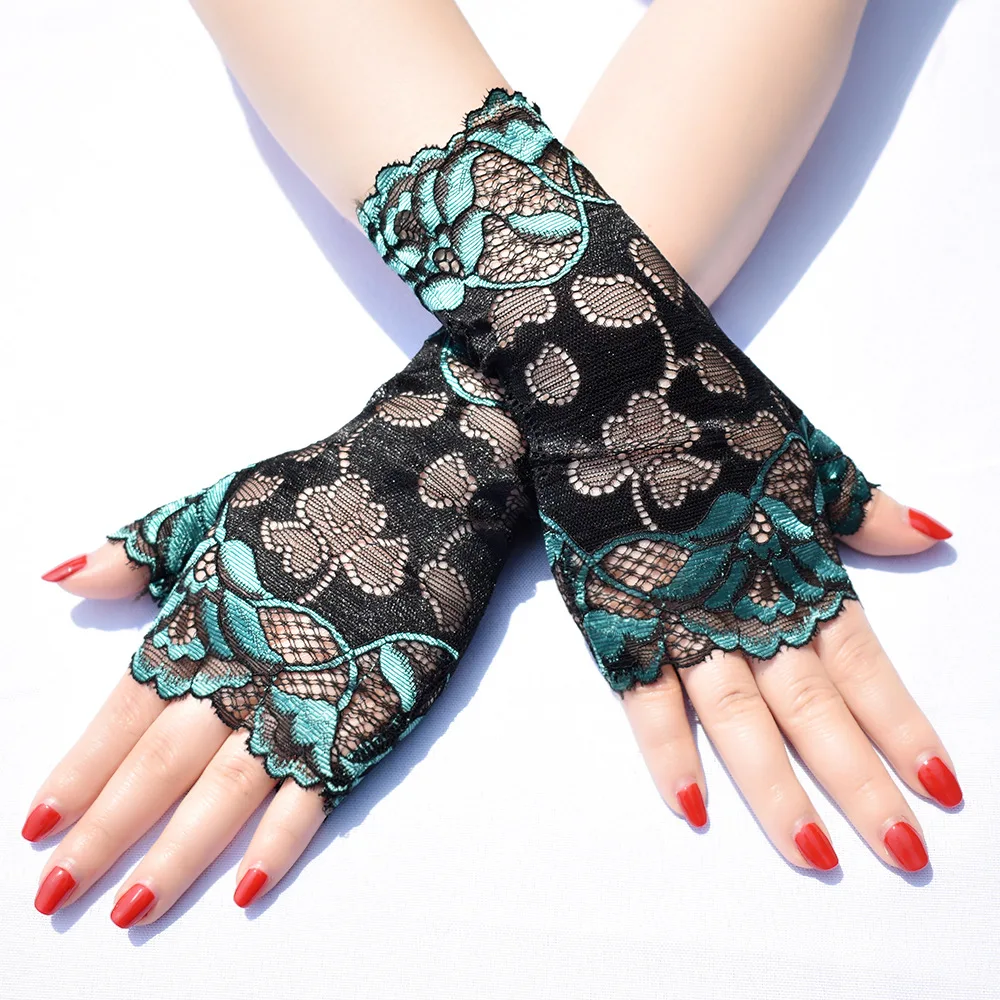 Fashionable Women's Sexy Fingerless Gloves Half Finger Sunscreen Short Lace up Gloves Rose Pattern Gloves