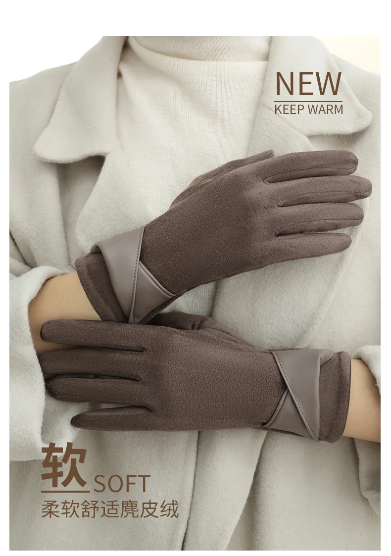 New Suede Gloves for Women Winter Plus Velvet Warm Commercial Style Temperament Bow Touch Screen Riding Driving