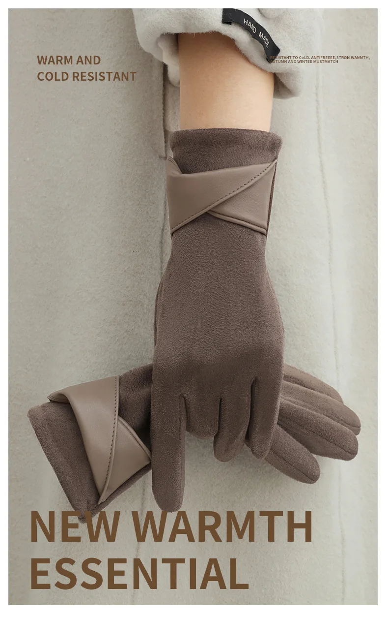 New Suede Gloves for Women Winter Plus Velvet Warm Commercial Style Temperament Bow Touch Screen Riding Driving