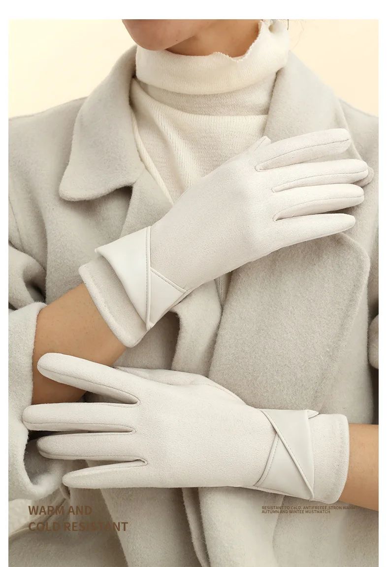 New Suede Gloves for Women Winter Plus Velvet Warm Commercial Style Temperament Bow Touch Screen Riding Driving