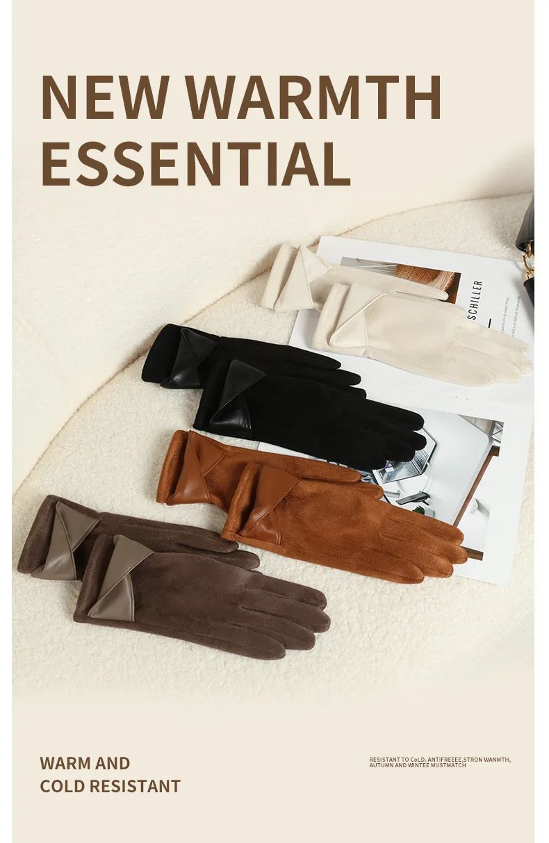 New Suede Gloves for Women Winter Plus Velvet Warm Commercial Style Temperament Bow Touch Screen Riding Driving