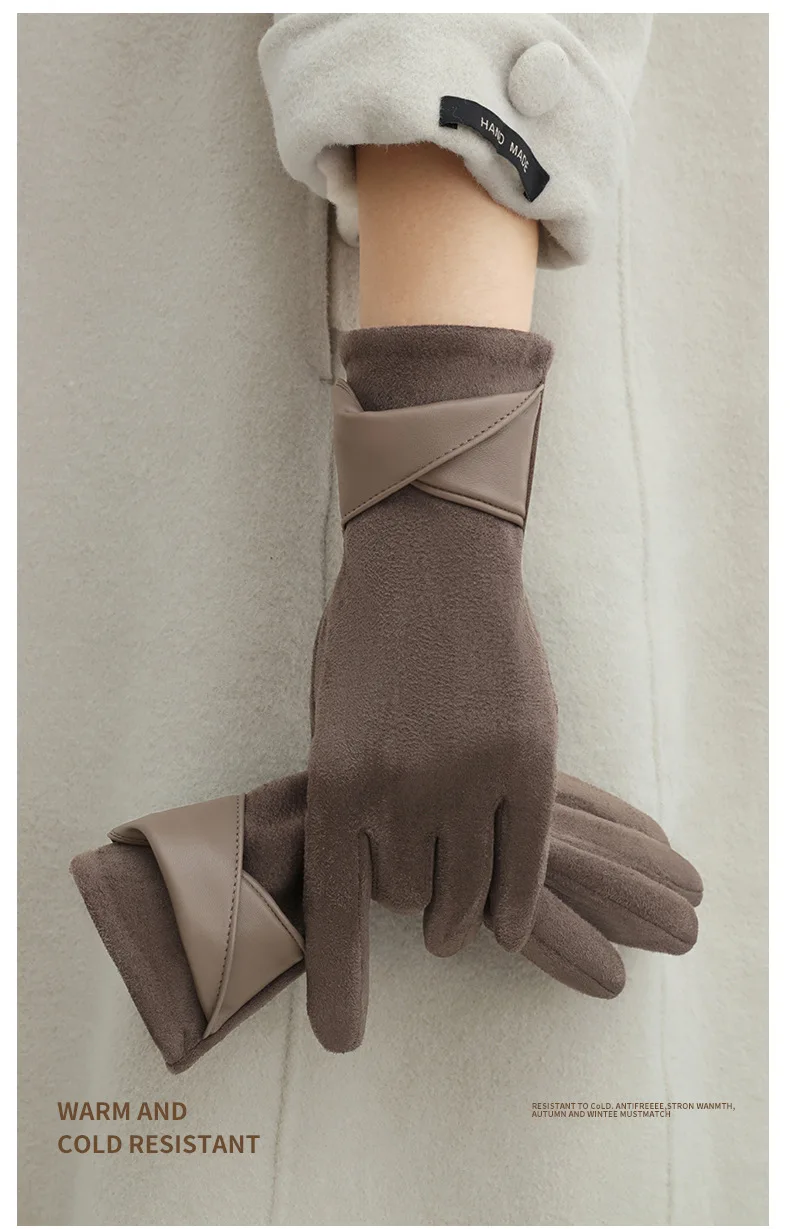 New Suede Gloves for Women Winter Plus Velvet Warm Commercial Style Temperament Bow Touch Screen Riding Driving