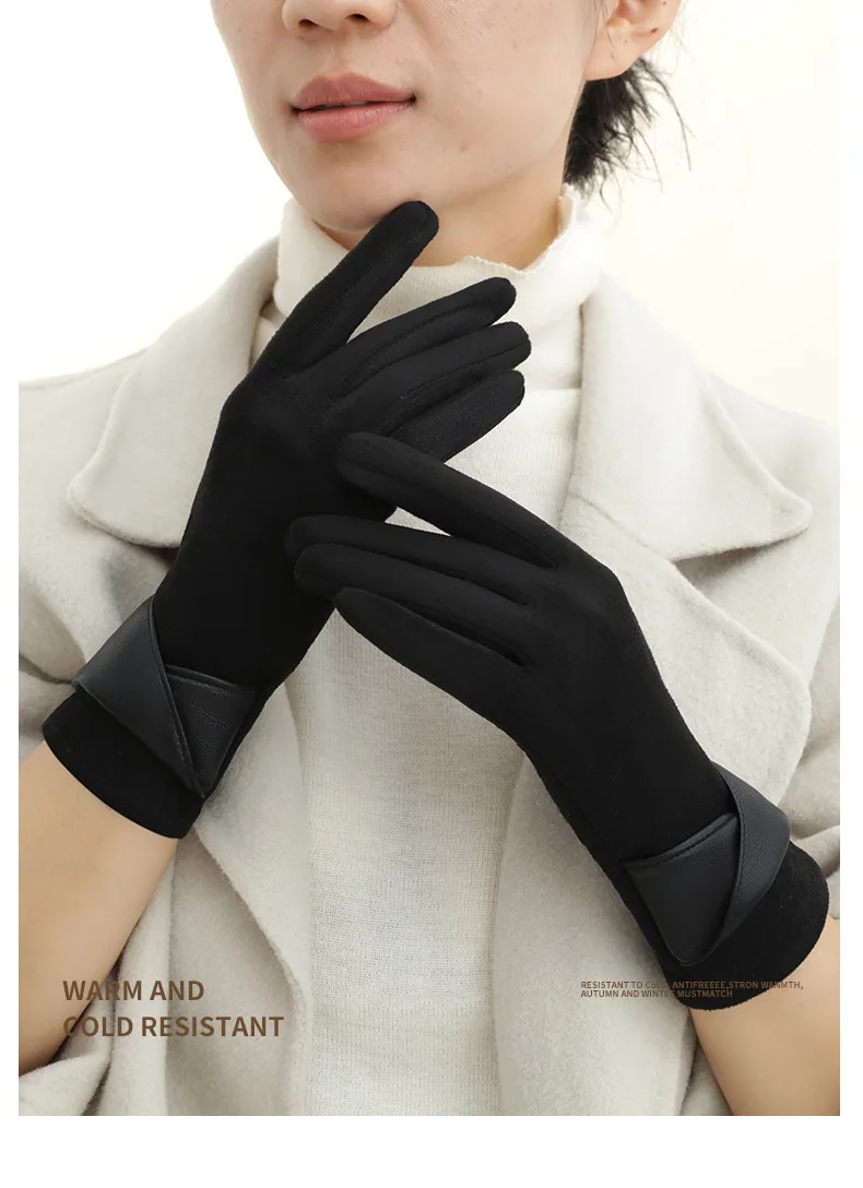 New Suede Gloves for Women Winter Plus Velvet Warm Commercial Style Temperament Bow Touch Screen Riding Driving