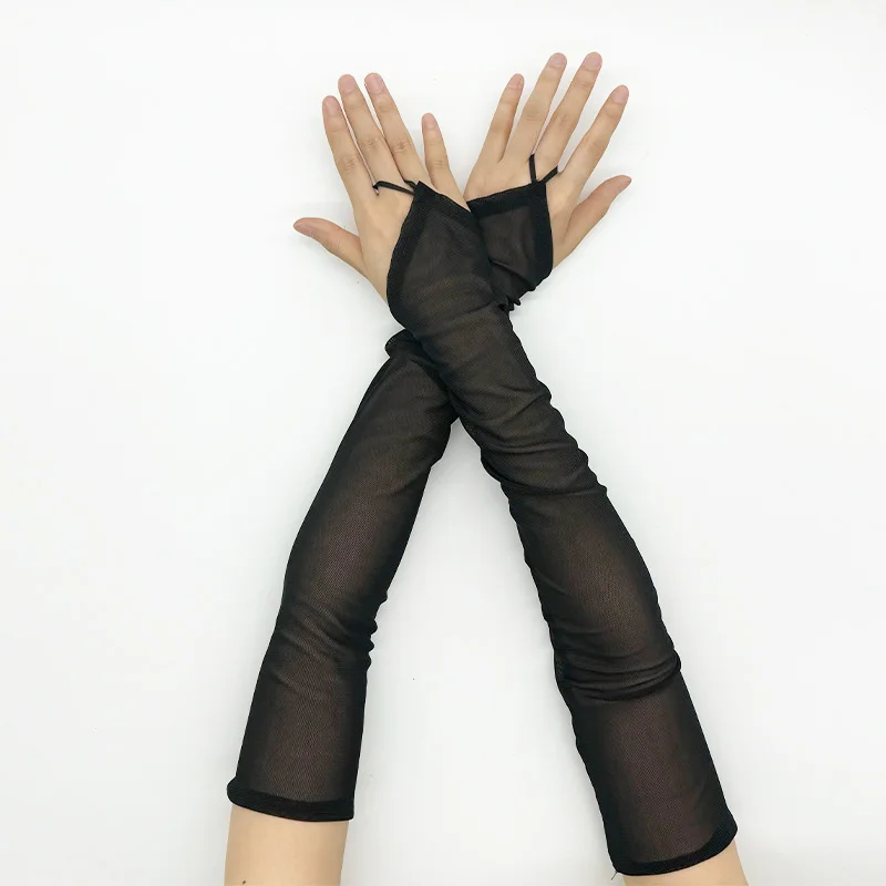 50cm Women Black White Transparent Mesh Breathable Elasticity Hook Finger Long Gloves Sexy Party Etiquette Fingerless Gloves