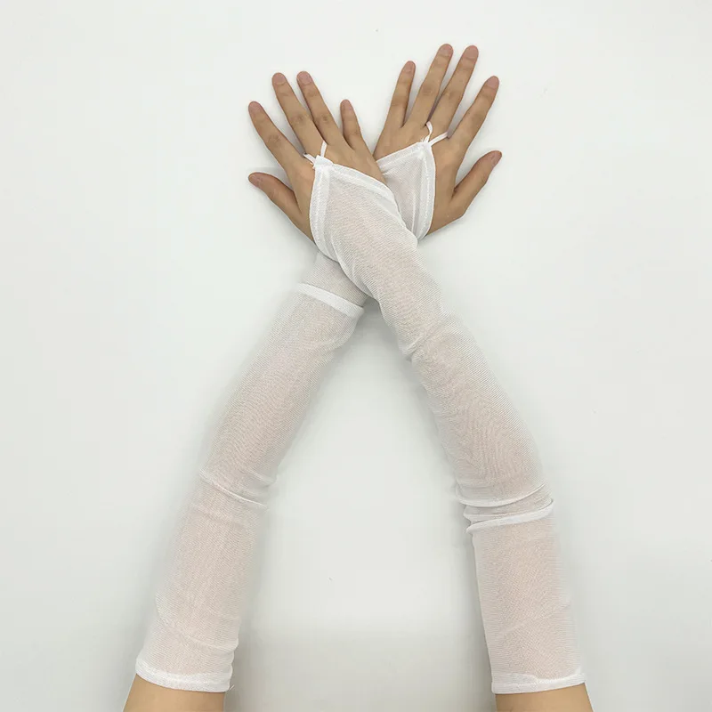 50cm Women Black White Transparent Mesh Breathable Elasticity Hook Finger Long Gloves Sexy Party Etiquette Fingerless Gloves