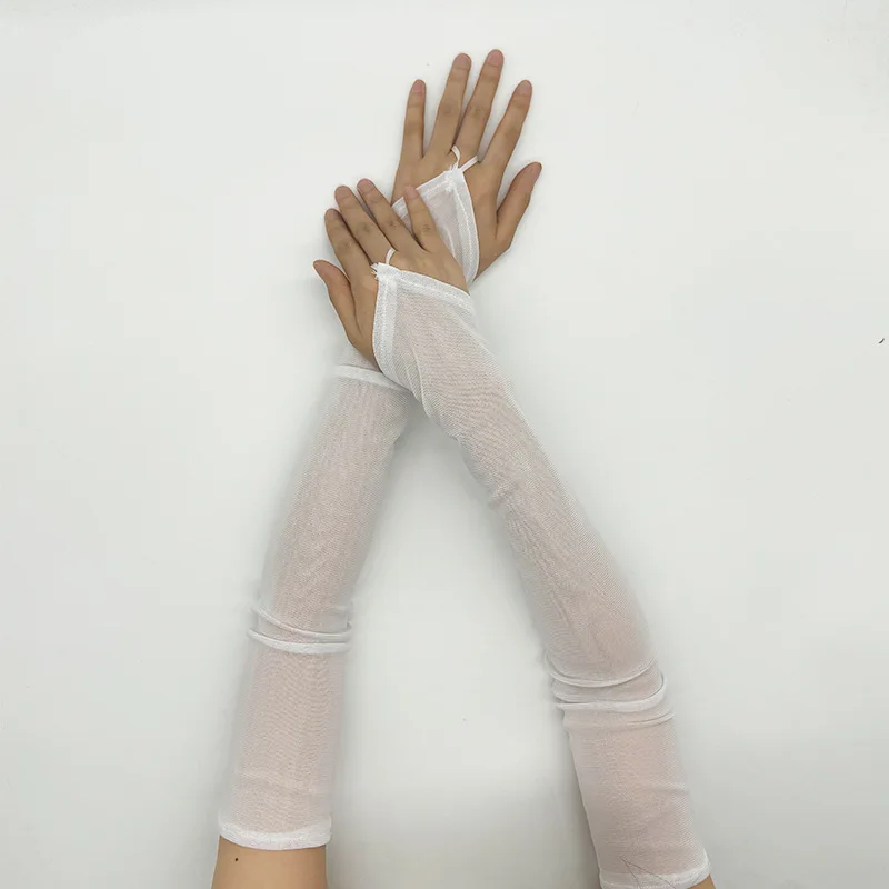 50cm Women Black White Transparent Mesh Breathable Elasticity Hook Finger Long Gloves Sexy Party Etiquette Fingerless Gloves