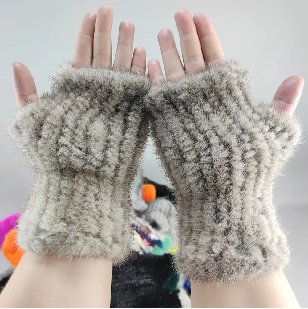 Lady Winter Real Mink Fur Gloves Hand Knitted Real Mink Fur Fingerless Gloves Women Warm Strong Elastic Real Mink Fur Mittens