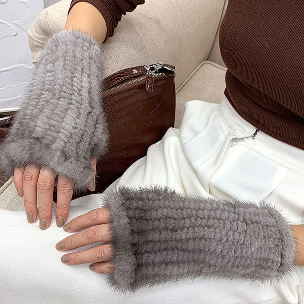 New Women 100% Real Genuine Knitted Mink Fur Mittens Winter Warm Lady Real Fur Fingerless Gloves Handmade Knit Mink Fur Mitten