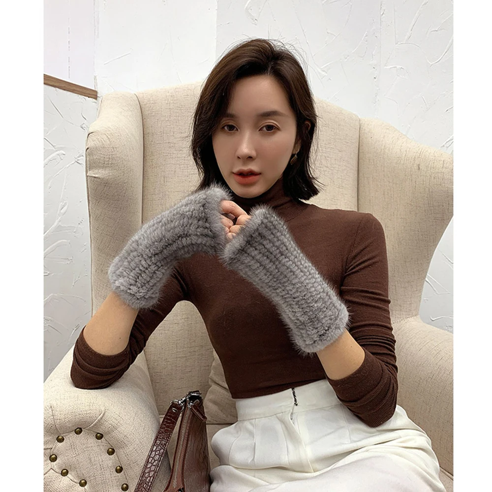 New Women 100% Real Genuine Knitted Mink Fur Mittens Winter Warm Lady Real Fur Fingerless Gloves Handmade Knit Mink Fur Mitten