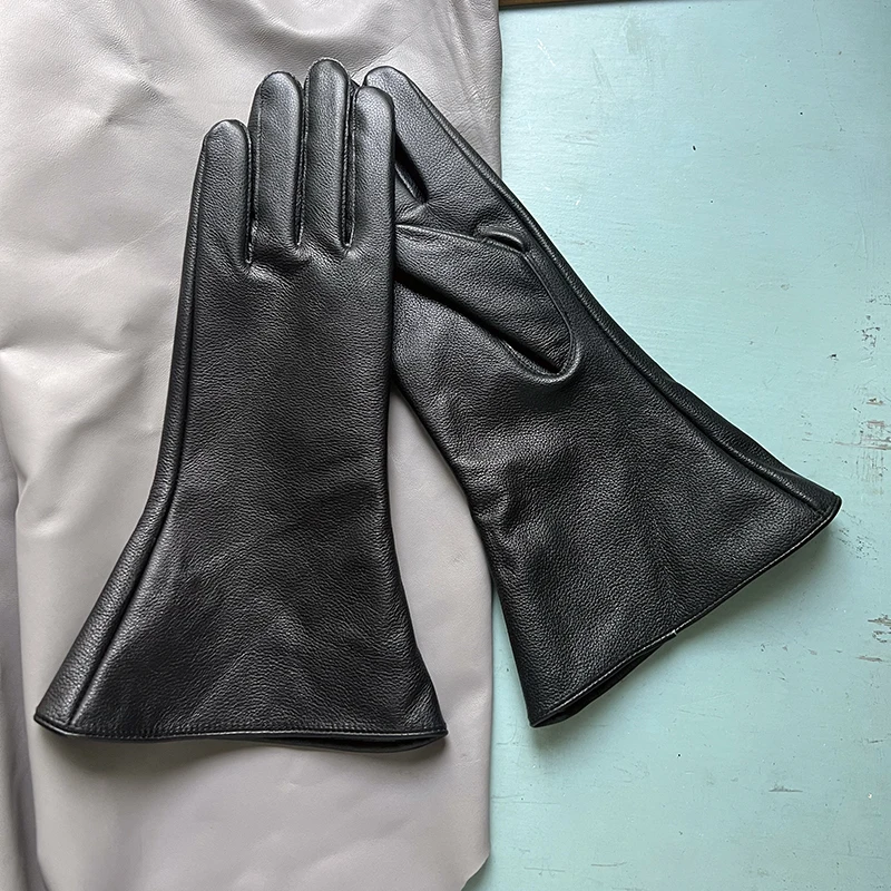 35cm Men's Goatskin Gloves Women‘s Bell Shaped Gloves Luxury Thin Lining And Tight-fitting Long Driving Motorcycle Gloves