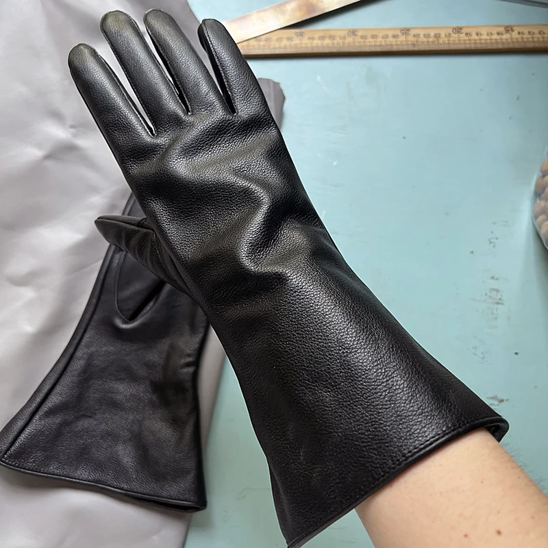 35cm Men's Goatskin Gloves Women‘s Bell Shaped Gloves Luxury Thin Lining And Tight-fitting Long Driving Motorcycle Gloves