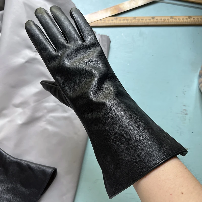 35cm Men's Goatskin Gloves Women‘s Bell Shaped Gloves Luxury Thin Lining And Tight-fitting Long Driving Motorcycle Gloves