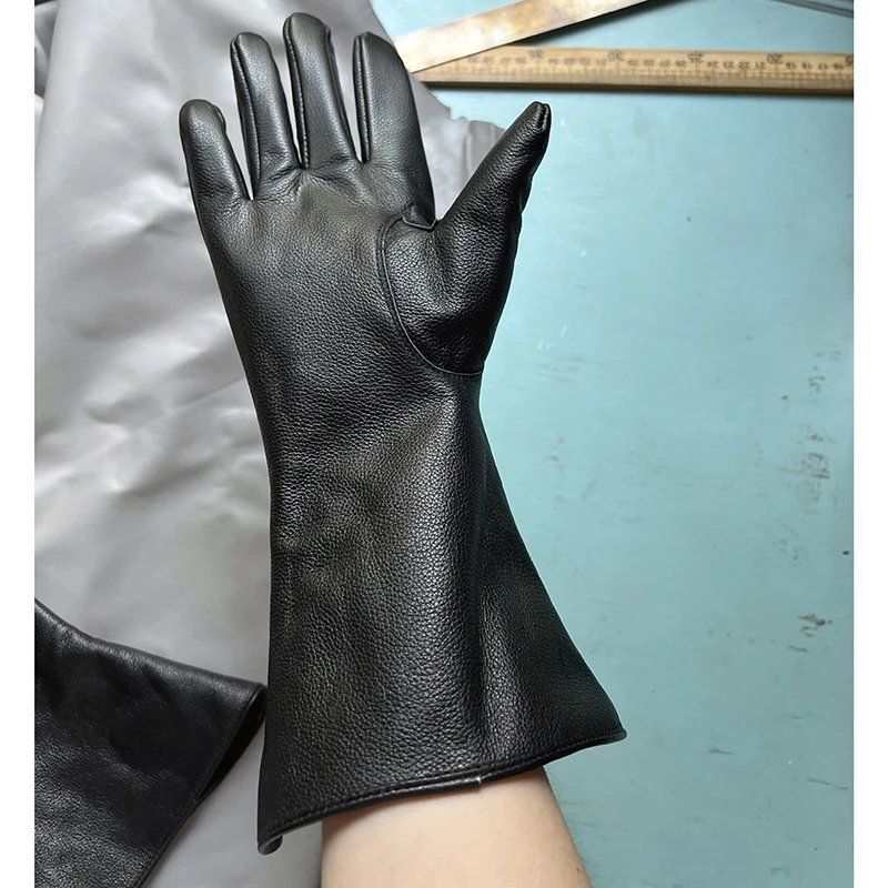 35cm Men's Goatskin Gloves Women‘s Bell Shaped Gloves Luxury Thin Lining And Tight-fitting Long Driving Motorcycle Gloves